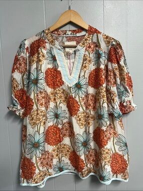 Umgee Floral Blouse in Cream, Light Blue & Orange